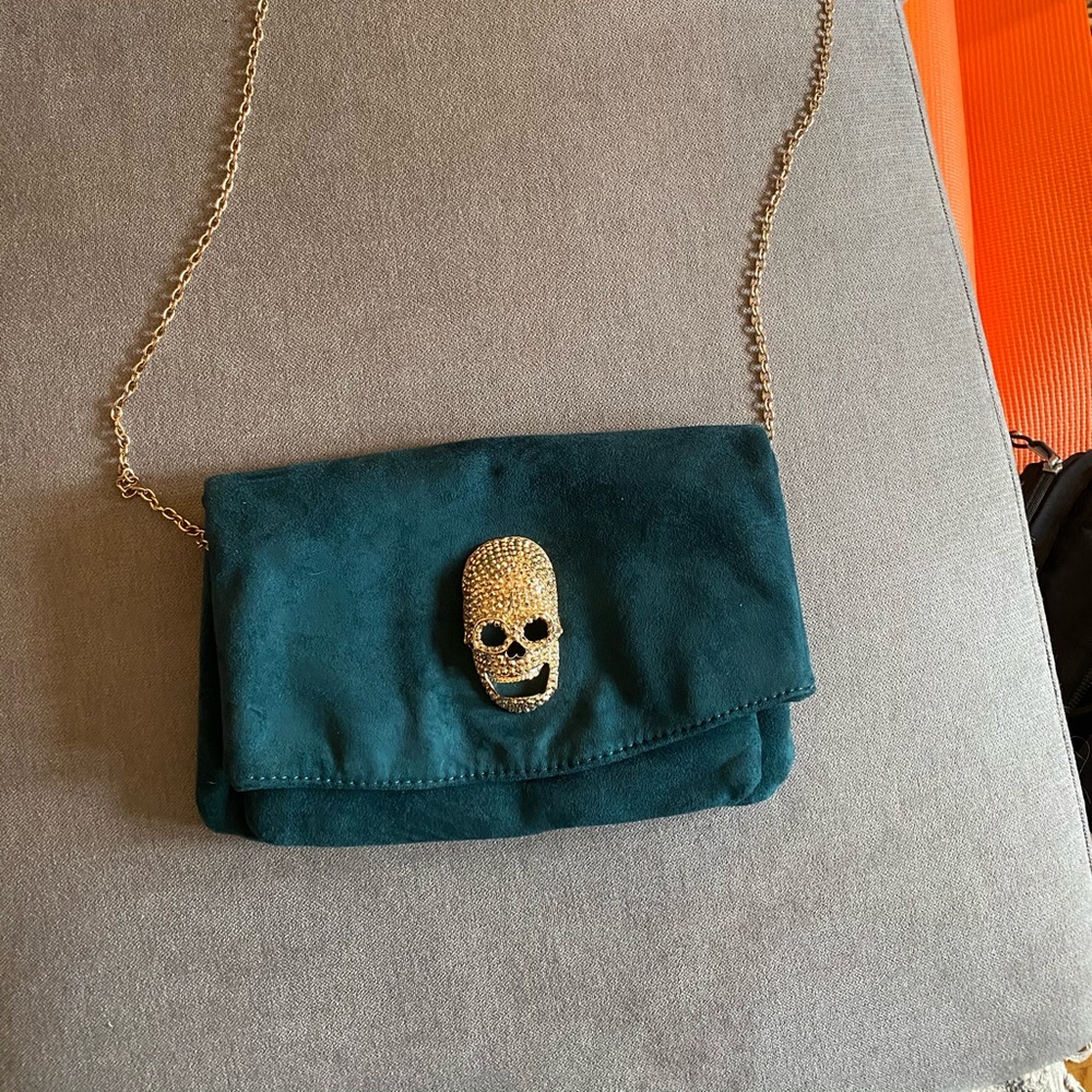 Teal suede skull purse